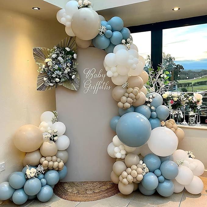 Tartan Plaid Balloon Arch Kit, Ivory White Dusty Blue Lake Blue Dark Green Balloon Garland with Strip, Glue Dots and Ribbon, for Baby Shower Birthday Plaid Party Decoration