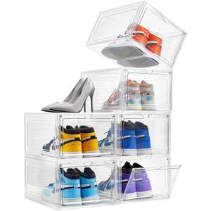 Attelite Shoe Box Organizer,Set of 6,Stackable Plastic Shoe Box with Clear Door, Shoe Storage Box Containers,For Display Sneakers,Easy Assembly,Fit up to US Size 12(13.4x 10.6x 7.4) (XL-6-pcs)