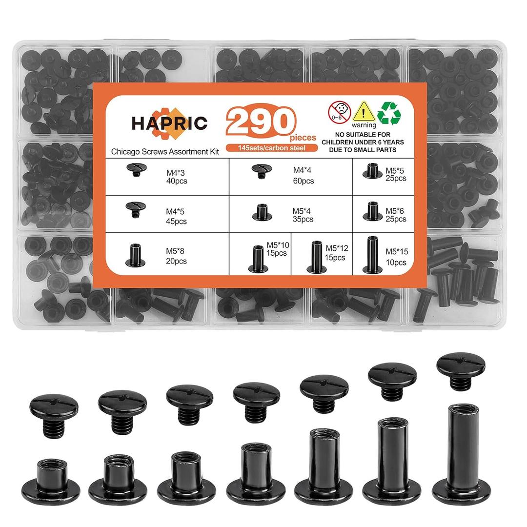 Hapric 145 Sets Chicago Screws for Leather, 7 Sizes M5x4/5/6/8/10/12/15mm Gunmetal Black Screw Rivets Kit for Belts Bookbinding DIY Leather Projects
