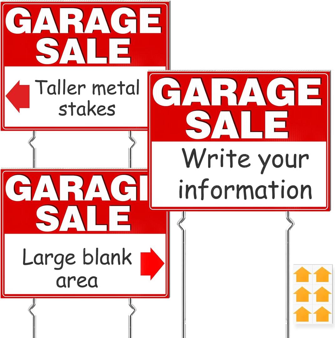 Remiawy Garage Sale Signs, 3 Pcs Yard Signs with Metal Stakes, 17x13 Inch Double Sided Large Corrugated Plastic Garage Sale Kit with Directional Arrows Stickers for Event, Weatherproof, Red
