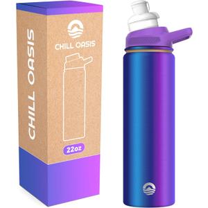 Chill Oasis Water Bottle | Compatible With Popular Flavor Cartridges | BPA Free, Leak Proof, Double-Walled Vacuum Insulated Stainless Steel, and Dishwasher Safe | Cold for 24 Hours (Aura, 22oz)
