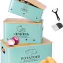 Kitchen Vegetable Storage Set of 3, Metal Onion Garlic Potato Storage Set, Kitchen Canisters Vegetable Keeper Containers with Aerating Holes and Wooden Lid (Blue)