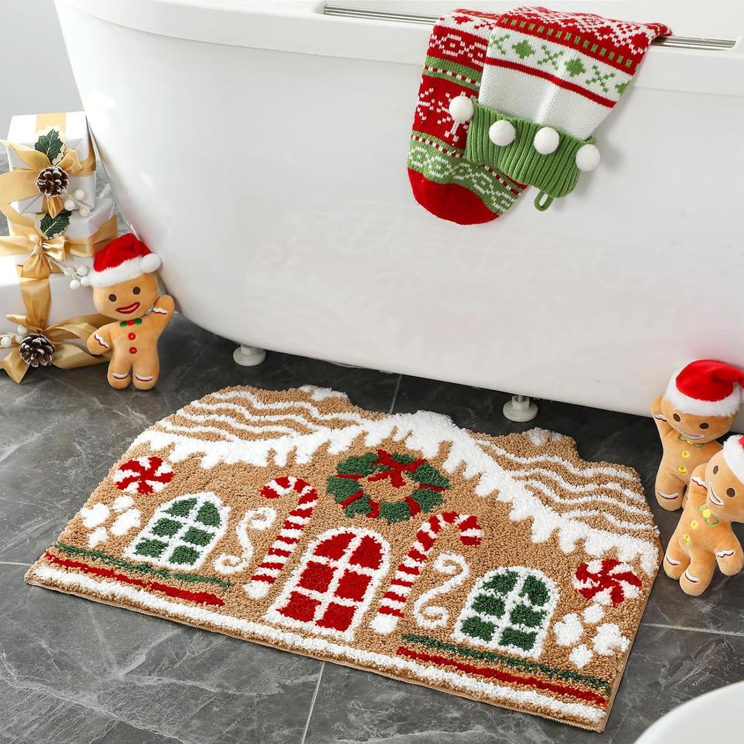 Maasechs Gingerbread House Bathroom Mat Christmas Area Rug Non Slip Cute Gingerbread Bathroom Decoration Plush Microfiber Doormat Christmas Decor for Home Bedroom Shower Floor Living Room(Classic)