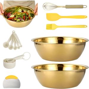 16 Pcs Gold Mixing Bowls Set, 12.5 in Stainless Steel Nesting Bowls with Measuring Cups and Spoons, Kitchen Gadgets Includes Spatula, Dough Cutter, Oil Brush, Whisk, Elegant Kitchen Accessories