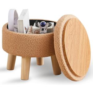 Wimarsbon Storage Ottoman, Modern Round Footrest with Soft Padded Seat, Teddy Velvet Footstool with Wood Legs, Accent Small Table or Plant Stand for Hallway, Living Room (Champagne)