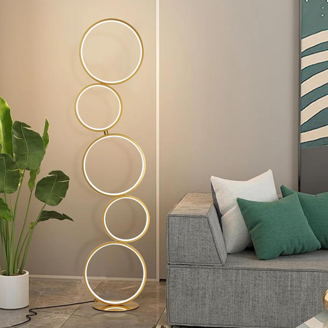 Industrial LED Floor Lamp for Living Room, Adjustable Circle Lampshade Spotlight Standing Lamp with Touch Control Switch, Modern Retro Floor Light Fixture for Bedroom, Office, Restaurant, Gold