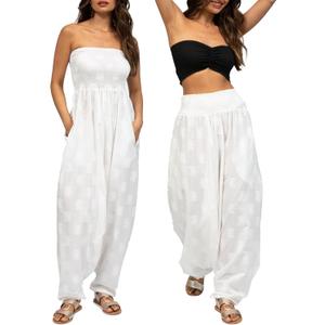 likemary Harem Pants Women Jumpsuits  Maxi Romper Pulls Down into Boho Print Cotton Pants  One Size 2-in-1 Outfit & Pockets (White Lotus)