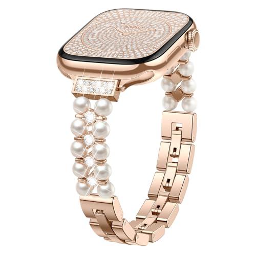 SOLOLUP Pearl Beaded Bracelet for Apple Watch Bands for Women SE 3/2 40mm 41mm 42mm 38mm,Thin Dressy Metal Bling Jewelry Wristband Adjustable Bead Strap for iWatch 11 10 9 8 7 6 5 4 3,Rose Gold