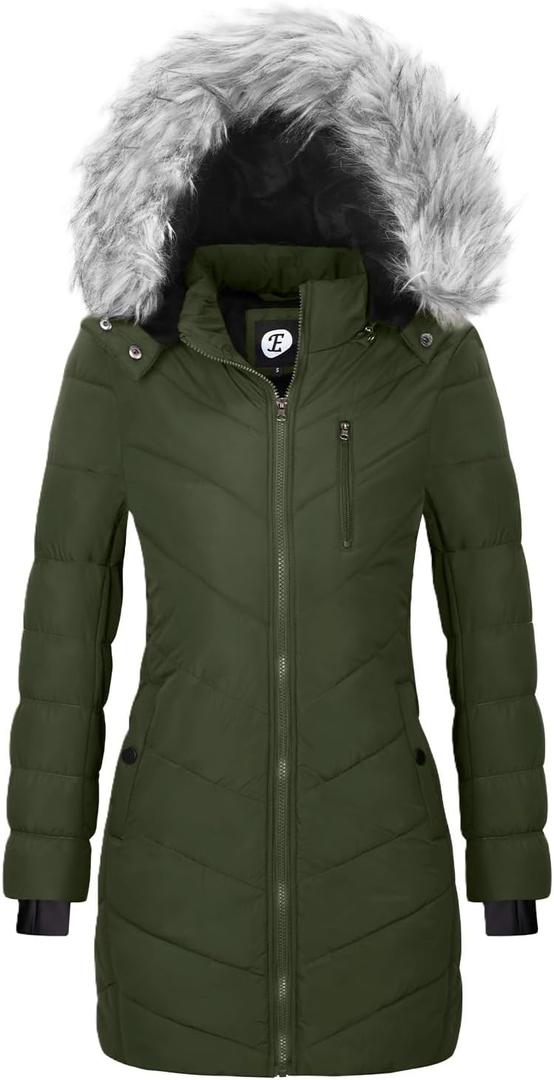 Women's Quilted Puffer Jacket Removable Faux Fur Hooded Long Puffer Coat Lightweight Full-Zip Puffer Jacket (B-army Green(fleece Lining)) M