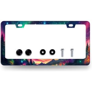 Beautiful Aurora Night Sky License Plate Frame Galaxy Forest License Plate Stainless Steel Colorful License Plate Frame Cars Auto Parts Decoration with Screws Funny License Plate Holder 12 x 6 Inch