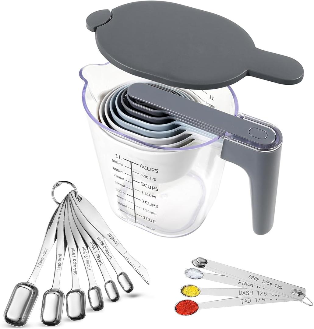 22 Piece Measuring Cups and Spoons Set, Stainless Steel Measuring Spoons Set and Stackable Measuring Cup with Lid for Liquid and Dry Ingredients, Cooking Baking Gadgets