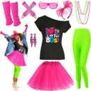 80s Outfit Women Costume Accessories Set T Shirt Shorts Tutu Skirt Neno Party Leg Warmers Headband (Large, Green)