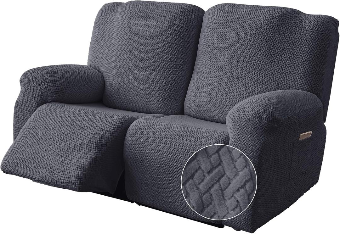 Genina Recliner Loveseat Covers, Stretch Reclining Sofa Covers, 2 Seater Couch Cushion Stripe Jacquard Recliner Slipcovers - Furniture Protector Covers for Pet Kid (Dark Gray)