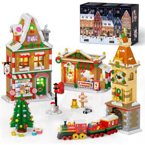 2025 Advent Calendar Christmas Mini Building Set with Light, 24 Days Countdown City Main Street Building Block Kit with Xmas Tree, Holiday Gift Building Toys for Adults Kids Boys Girls Ages 8+