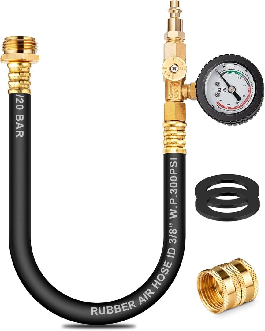 Dual Purpose RV Winterizing Kit with Pressure Gauge, 17Inch Hose Blow Out Fitting Adaptor 3/4" Male&Female GHT Quick Connect Blowout Plug for Winterizing RV, Camper, Travel Trailer, Garden Hose