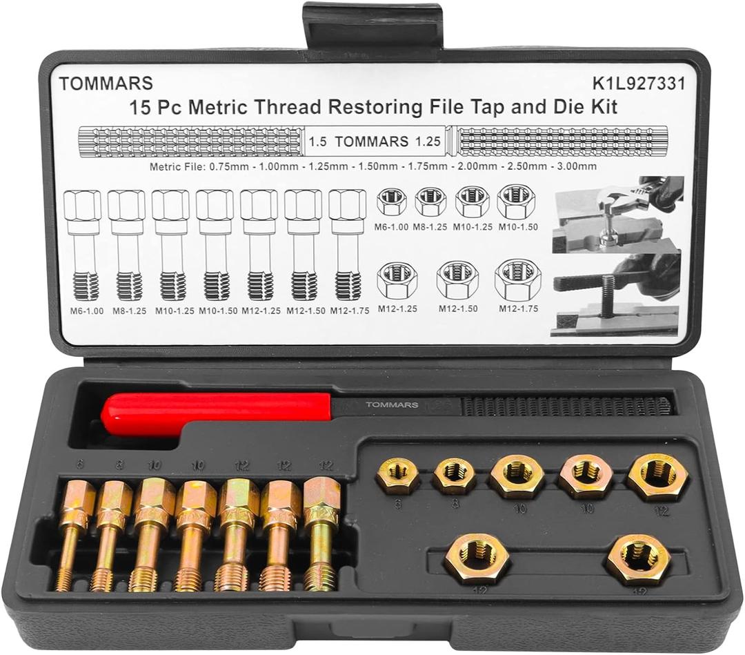TOMMARS 15-Piece Metric Thread Chaser Set, M6 M8 M10 M12 Thread Restorer Tool Rethreading Repair Kit