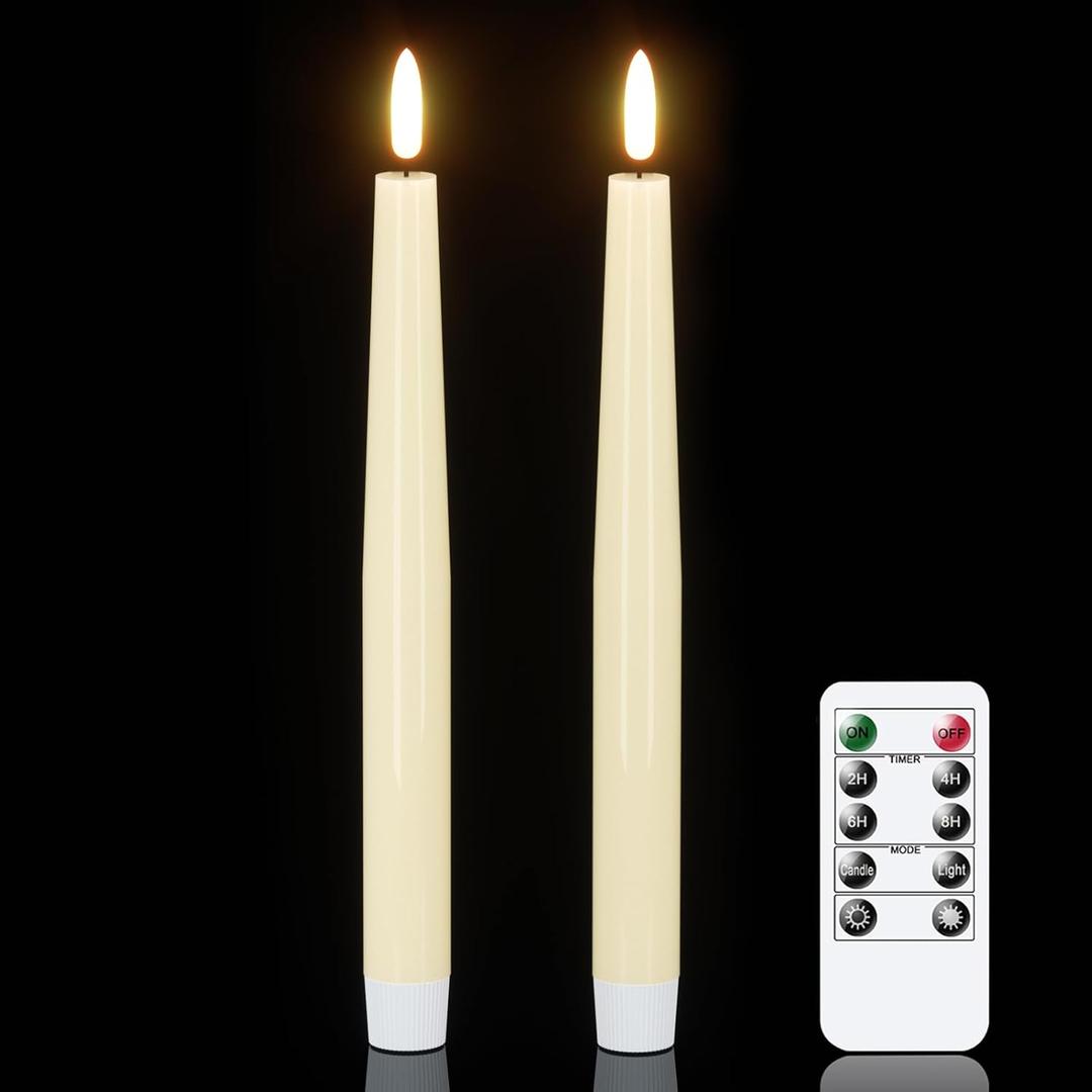 GenSwin LED Taper Candles, Flameless Taper Candles Battery Operated with Remote Timer, Set of 2 Real Wax White Flameless Candlesticks with 3D Flickering Flame for Home Wedding Decor (0.78 x 9.84)