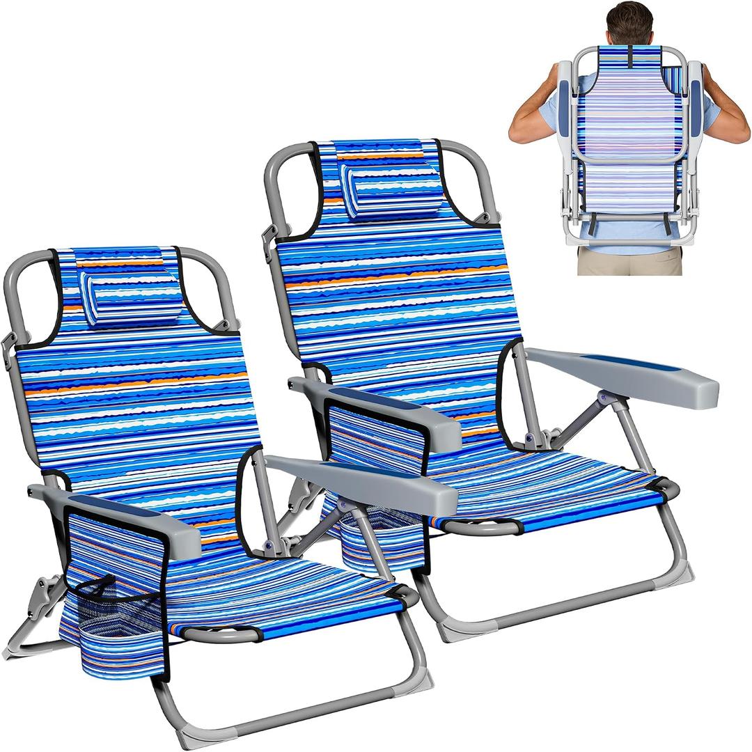 2 Pack Lightweight Portable Beach Chair for Adults, 350 LBS Capacity Backpack Beach Chair, Reclining Beach Chair with 5-Position Lay Flat, Large Cup Holder for Beach Camping Sports