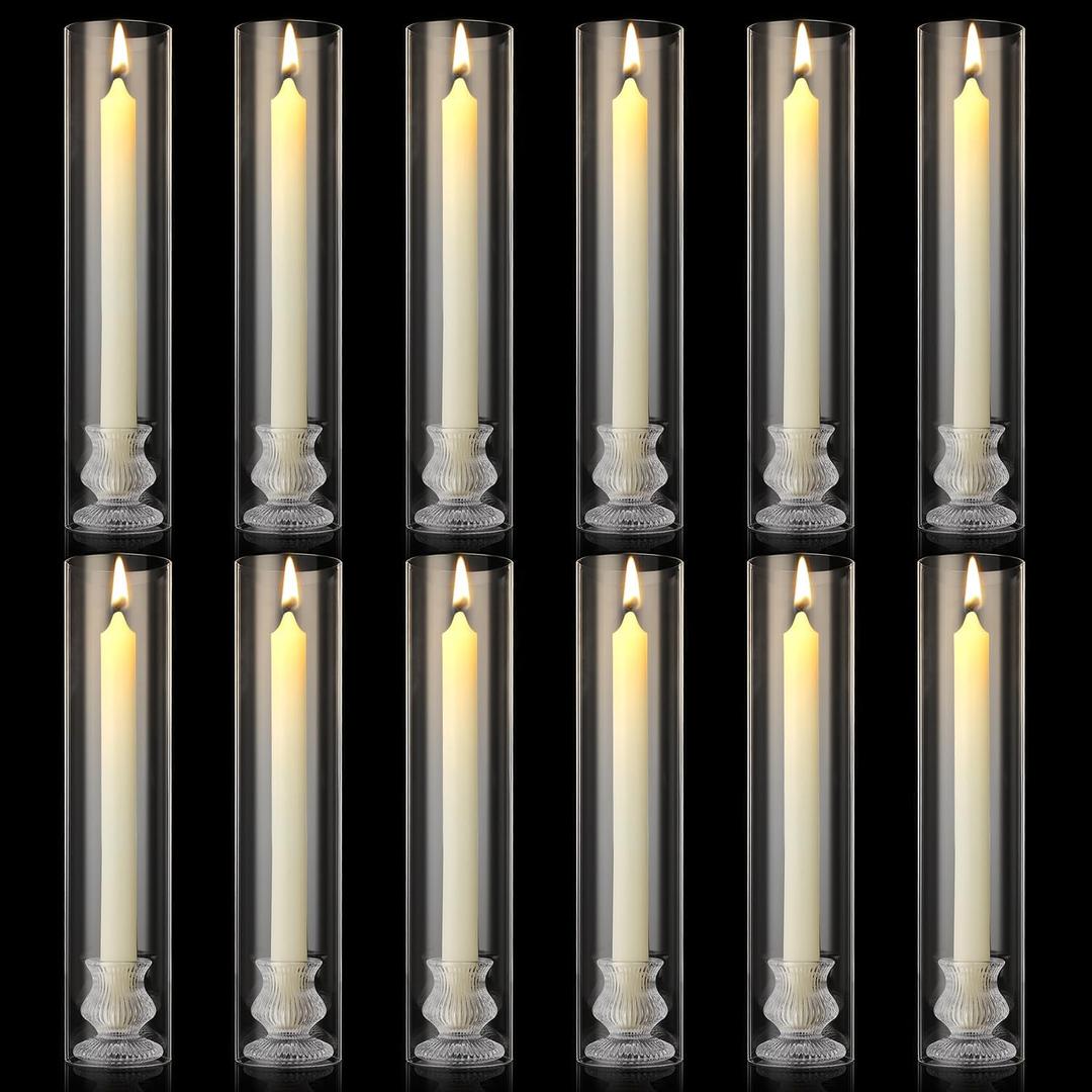 12 Sets (24 Pcs) 12inch Hurricane Candle Holder Sleeve Wedding Gift Christmas Clear Glass Cylinder Candleholder Chimney Tube, Open Ended Candle Shade Glass Tapered Candle Holders