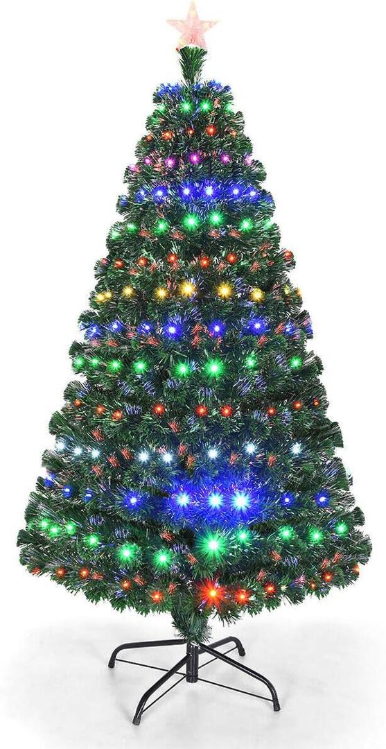 Goplus 5ft Fiber Optic Artificial Christmas Tree, Pre-Lit Xmas Tree with Colorful LED Lights, 8 Lighting Modes, 180 Branch Tips, Foldable Metal Base, for Home Office Party Holiday Decor