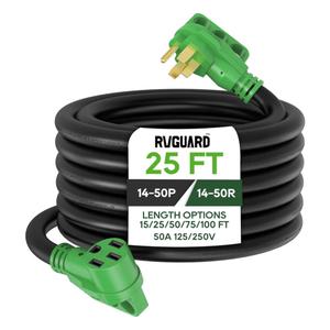 RVGUARD 50 Amp 25 Foot RV/EV Extension Cord, NEMA 14-50P/R Heavy Duty Extension Cord with LED Power Indicator and Cord Organizer, Green, ETL Listed