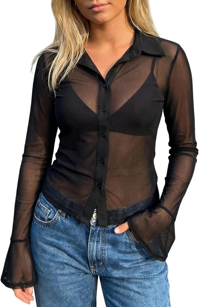 Sheer Button Down Shirts for Women See Through Mesh Long Sleeve Button Up Blouse Shirt Sexy Going Out Tops Streetwear (Black, S)