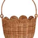 Scalloped Basket, Scalloped Edge Round Basket with Handle, Wicker Baskets for Storage, Hand Woven Shelf Baskets for Bathroom, Bedroom Organizing (Natural Rattan A)