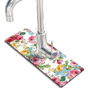 Kitchen Sink Splash Guard Faucet Mat Super Absorbent Fast Drying Mat Sink Gadgets Splash Guard Behind Faucet Drip Catcher for Kitchen (Pink Red Roses Floral, 15x5.5in)