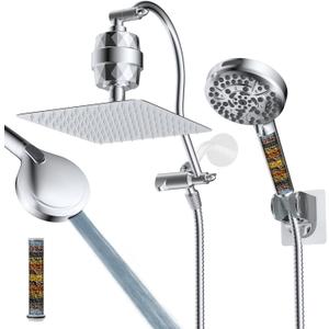 Hibbent All Metal 10'' Dual Filtered Rainfall Shower Head Combo, High Pressure Handheld Shower Head with 12'' Adjustable Curved Extension Arm, 20 Stage Shower Filter, 10-spray, 71'' Hose, Chrome