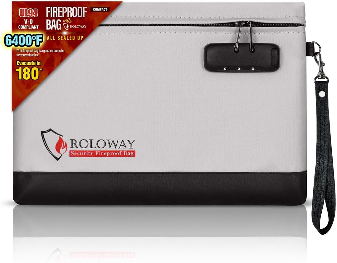 ROLOWAY Fireproof Money Bag with Lock for Cash, 6400°F Fire Proof Document Bag (12.2 x 8.5 x1.6 inches), Money Pouch with Zipper (Gray)