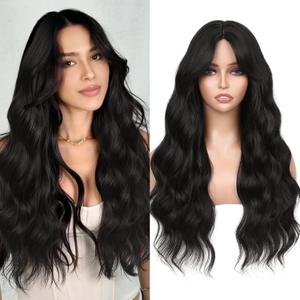 WIGNEE Long Brown Black Curly Wavy Wig for Women 26 Inch Middle Part Synthetic Hair Wig Glueless with Bangs Natural Hairline Looking Wear and Go for Daily/Cosplay/Halloween