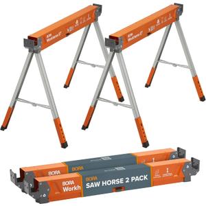 BORA Workhorse XT Adjustable Saw Horses 2 Pack Folding Heavy Duty Sawhorse with Adjustable Height Legs, 2700 lbs Capacity - Portable Workbench & Work Station with Built-in Bottle Opener PM-3360T