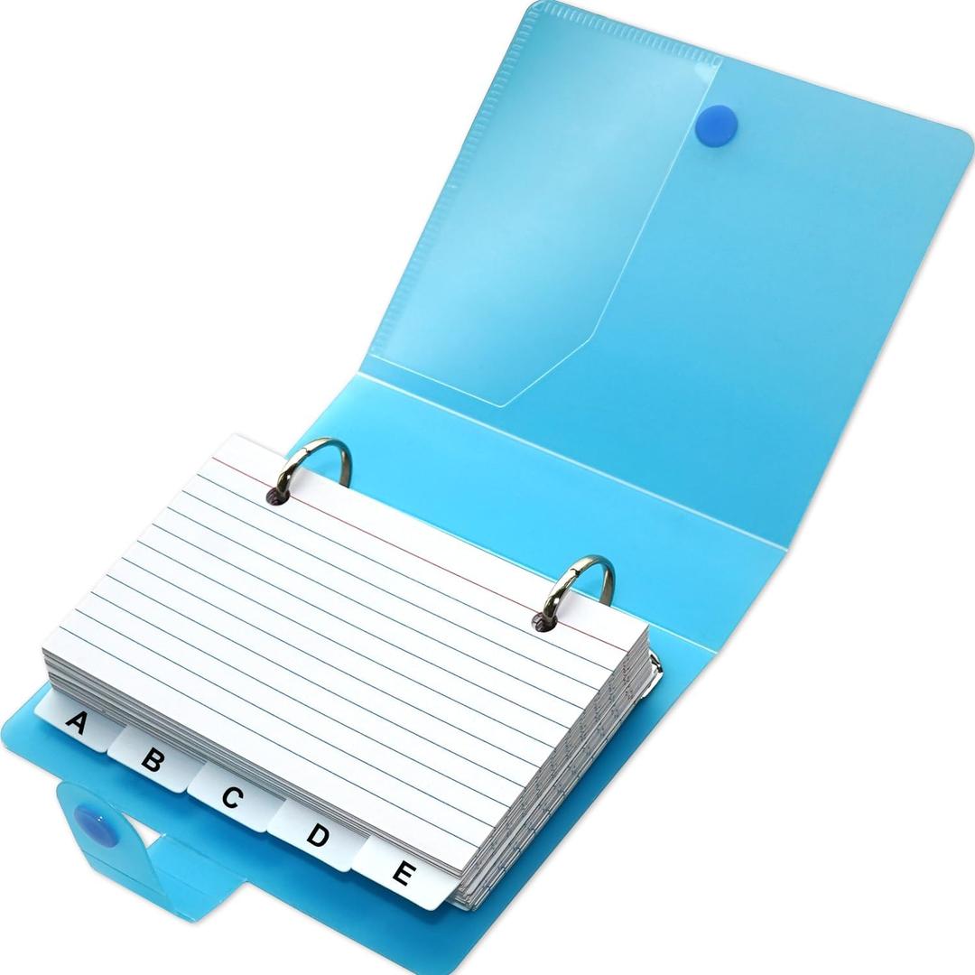 3x5 Lined Index Cards with Ring Binder Holder and Dividers, 100 Ruled Cards, Blue