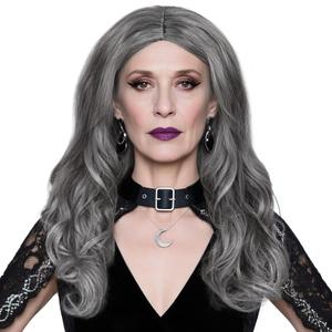 ANOGOL Wig Cap+ Long Mixed Grey Wavy Wig Women Middlepart Wigs Salt and Pepper Hair for Horror Movie Cosplay Womens Grey White Hair for Halloween Costume Party Outfit