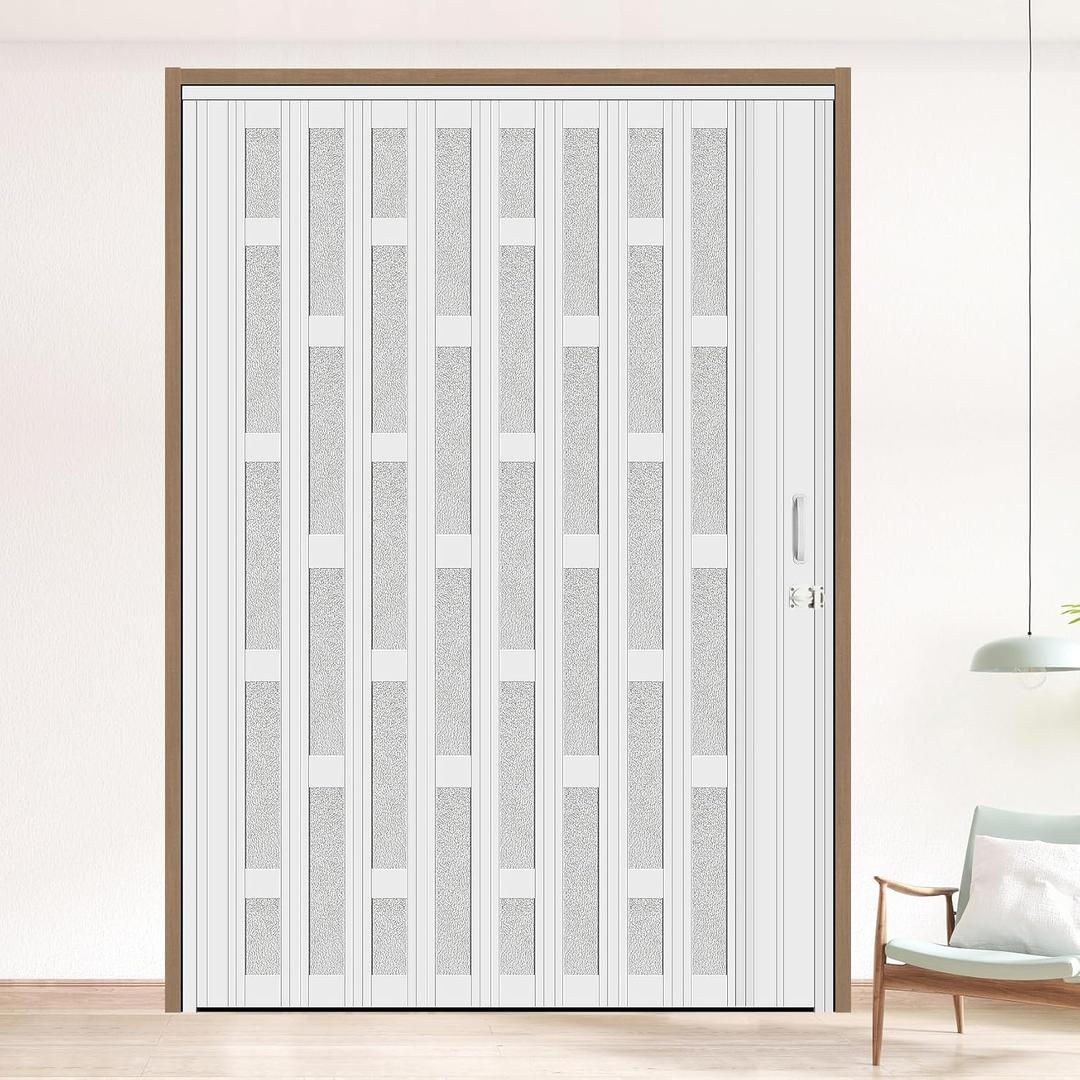 72X79in Frosted Acrylic Glass PVC Accordion Folding Door for Closet,Multifold Interior Door with Installation Hardware,Includes Handle and Latch,White Beech