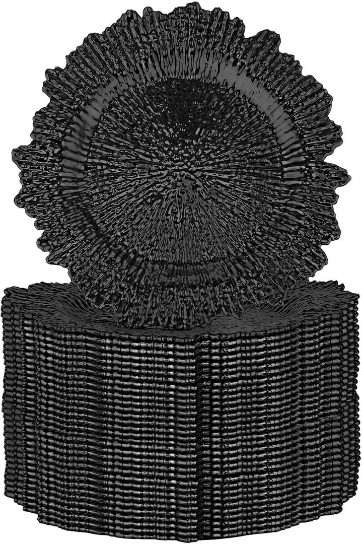 32 Pack Charger Plates Set Reef Chargers for Dinner Table Serving Tray Floral Plastic Decorative Plates for Table Setting Wedding Party, 13 Inch(Black)