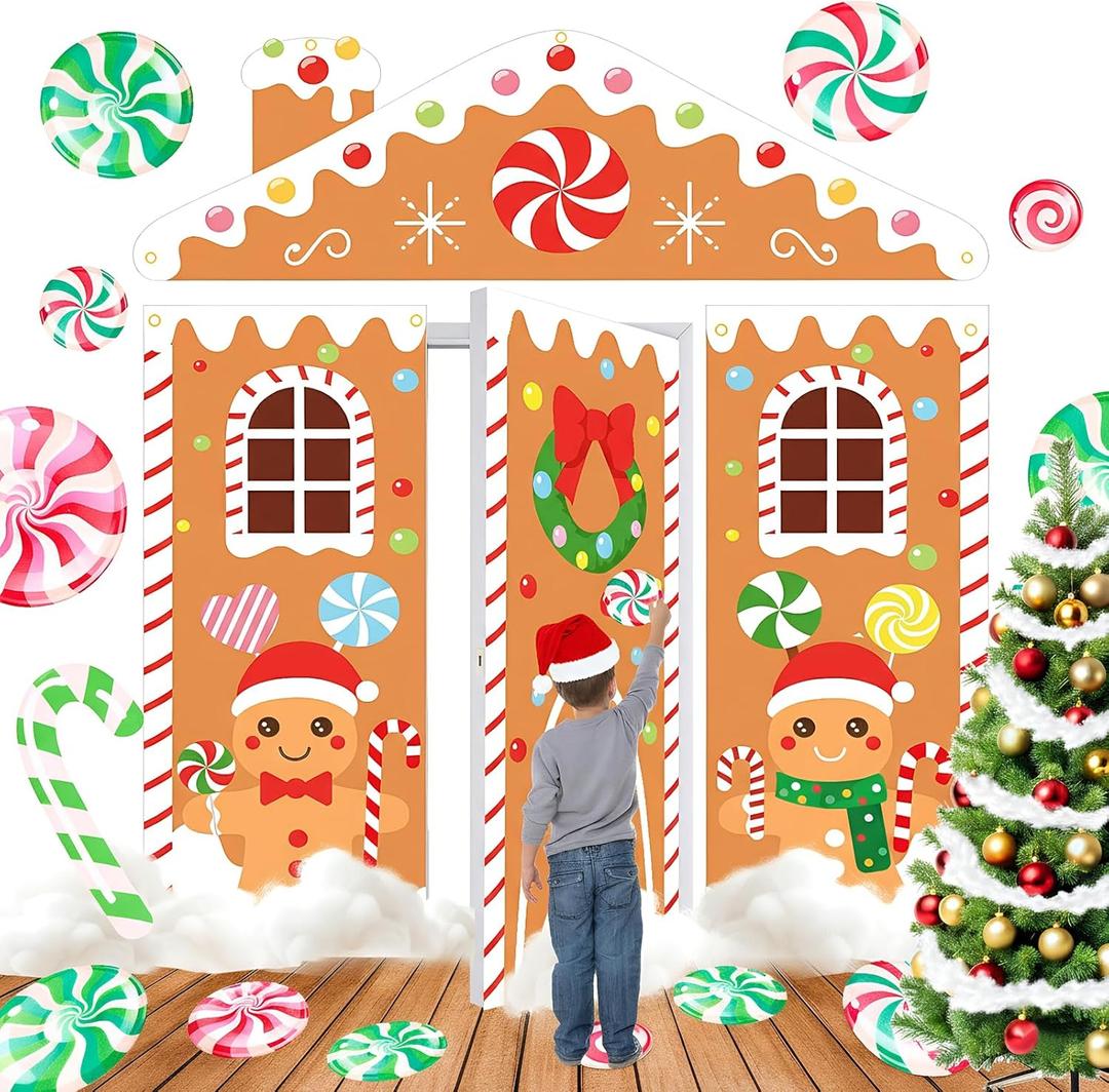 Gingerbread Christmas Decorations Door Cover Backdrop, Xmas Gingerbread House Banner with Fake Snow, Candy Cane Stickers & Porch Signs for Holiday Home Classroom Office Party Indoor Outdoor Decor