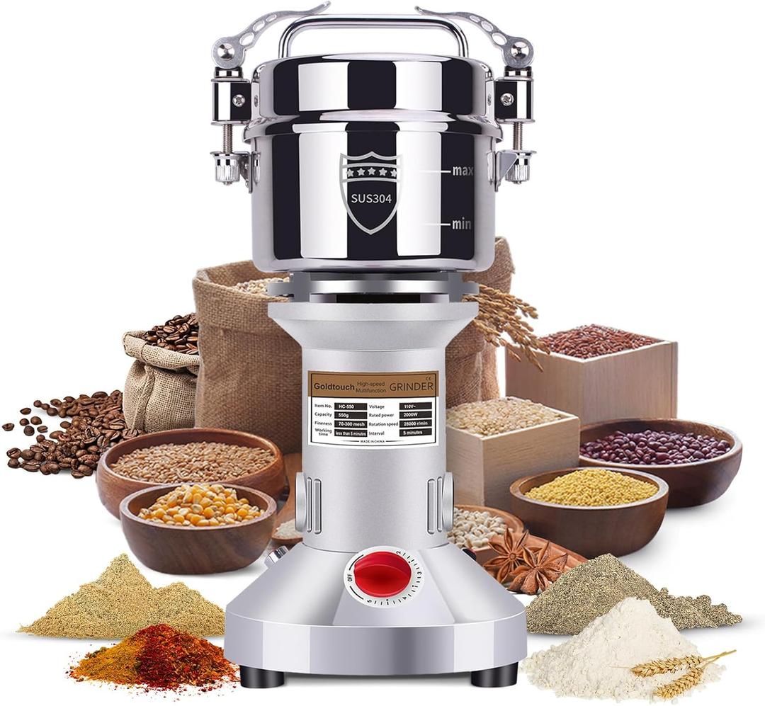 Goldtouch 550g Grain Mill Grinder 2000W Electric Stainless Steel Grain Grinder High-Speed Pulverizer Powder Machine for Dry Wheat, Oats, Corn, Pepper and Coffee Beans (550g Stand Type)