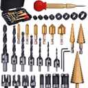 34 Pack Wood Working Chamfer Drilling Tools, 6 Countersink Drill Bit Set, 7 Counter Sinker Drill Bit Set, 8 Plug Cutters for Wood, 8 Drill Stop Bit Collar Set and 3 Step Drill Bits.