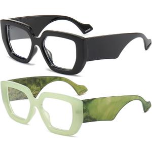 AIEYEZO Thick Frame Blue Light Glasses Men Women, Fashion Square Computer Eyeglass Anti Eyestrain & Prevent Headache (Black + Green)