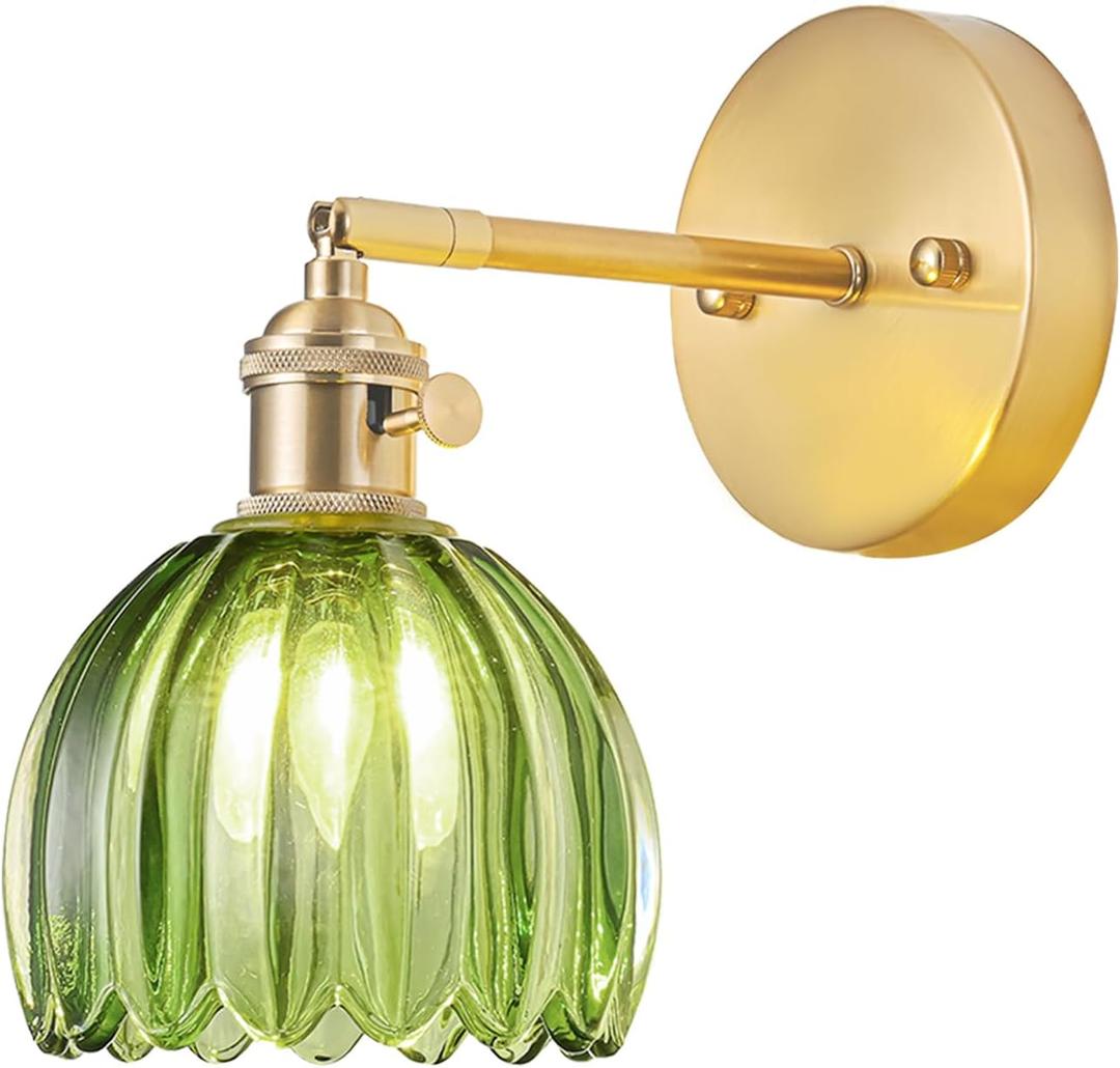 Hardwired Wall Sconce Light, Vintage Wall Sconce with Switch, Gold Wall Light Fixture with Tulip Green Glass Lampshade, Indoor Wall Light for Bedroom Bathroom, Bedside Wall Lamp