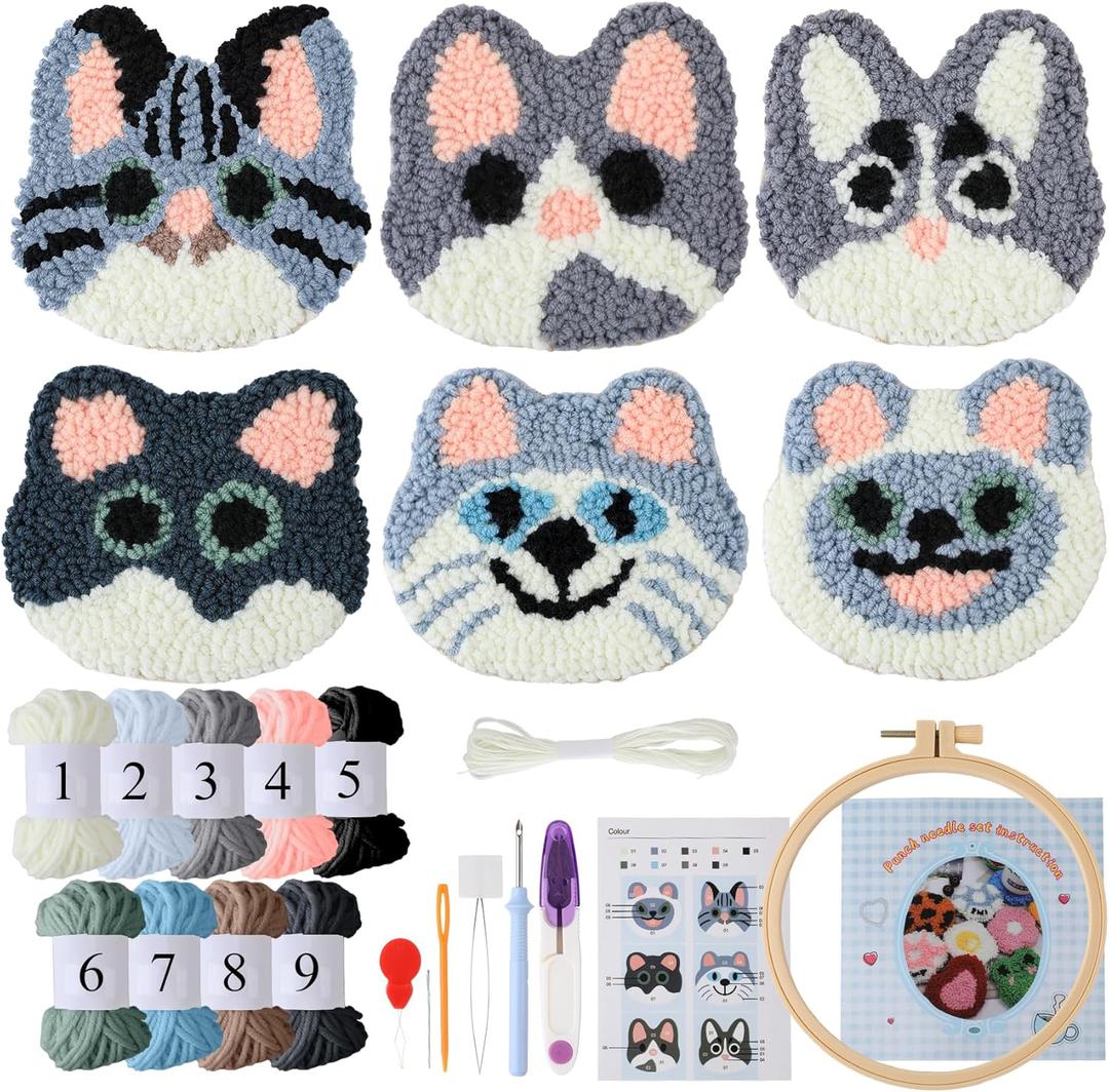 ZZXLLRO Punch Needle Coaster Kit for Beginners Adults - 6 Unique Cat Designs Premium Yarn & All Tools Included DIY Embroidery Craft Gift (Animals)