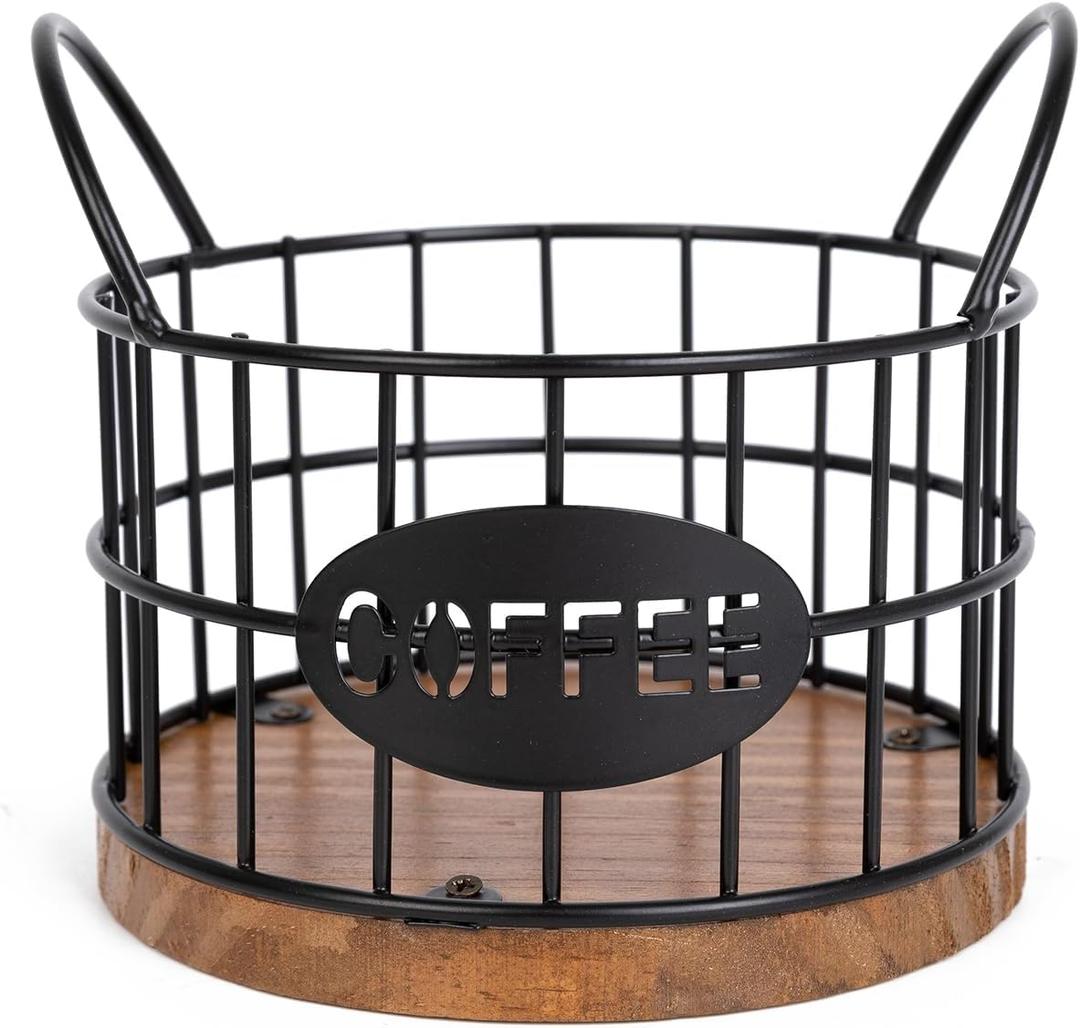 Coffee Pods Holder for Countertop, K Cup Holder Organizer, Sturdy Kcup Storage Basket with Wooden Base, Pods Container for Kitchen Bar Counter Office Desktop (Black)