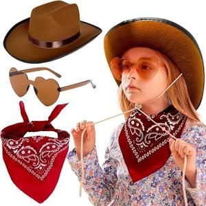 JeVenis Brown Cowgirl Hat Girls Cowboy Hat Western Cowgirl Hat Bandana heart shape Sunglasses for Birthday Party