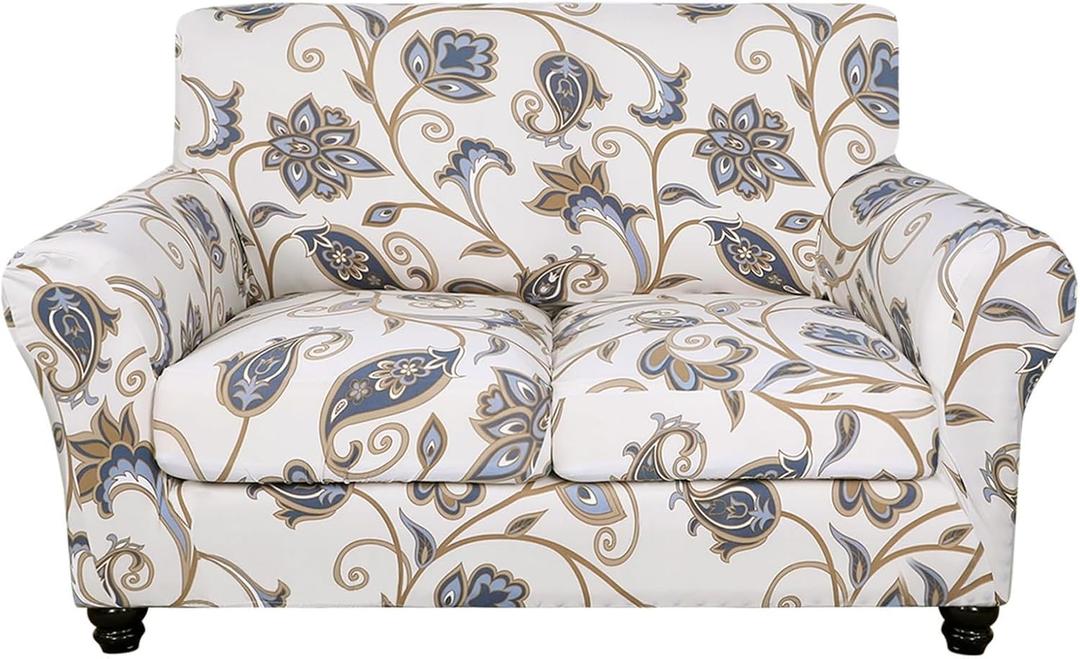 SearchI Stretch Sofa Cover Printed Couch Cover, Floral Pattern 3 Pieces Loveseat Slipcover with 2 Separate Cushion Cover, Washable Furniture Protector for Living Room(Loveseat, Love Flower) (Medium)