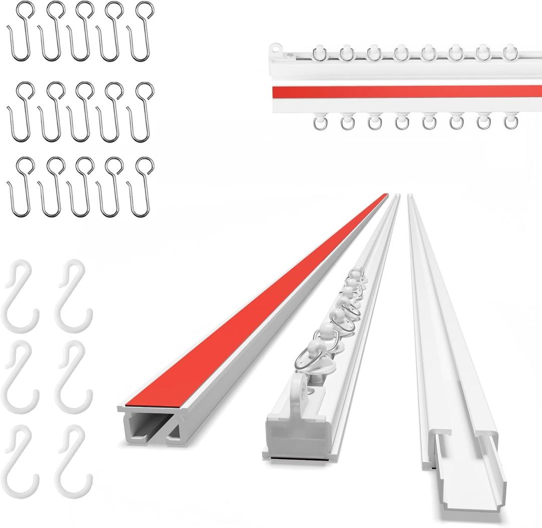 AJAZZ Self Adhesive Ceiling Curtain Track (5.45FT,1.66M, White) Curtain Track Ceiling Mount, for Smooth Wall Mount- No Screws Adhesive Curtains Tracks, Flexible Curtains Rod