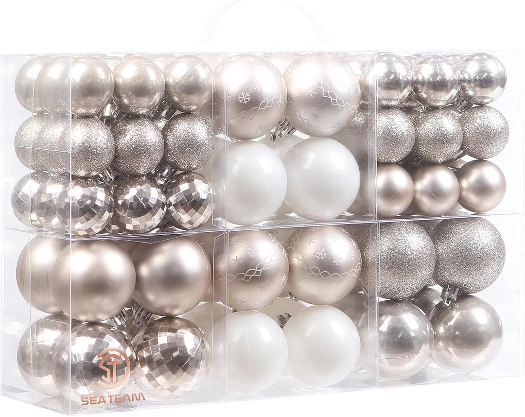 Sea Team 86 Pieces of Assorted Christmas Ball Ornaments Shatterproof Seasonal Decorative Hanging Baubles Set with Reusable Hand-held Gift Package for Holiday Xmas Tree Decorations, Champagne