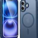 FNTCASE for iPhone 16 Case Matte: Magnetic Phone Cases with Screen Protector Drop Proof Compatible with Magsafe Slim Anti Yellowing Rugged Shockproof Protective Translucent Cell Cover (C-Blue)