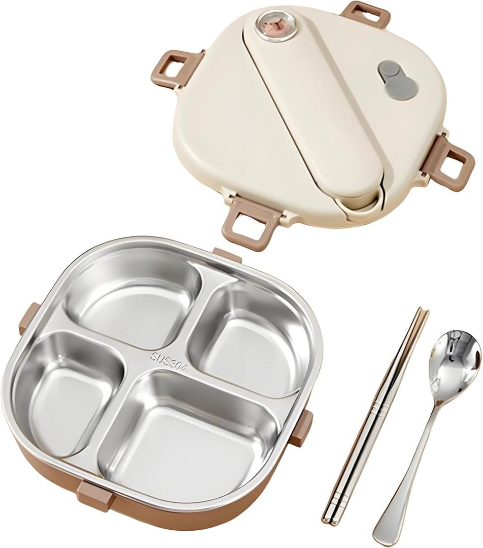 Stainless Steel Bento Box, 800ml Leakproof Lunch Box, Easy To Open And Close, Food Storage Container For Outings, Picnics, And Travels (4 Compartments)