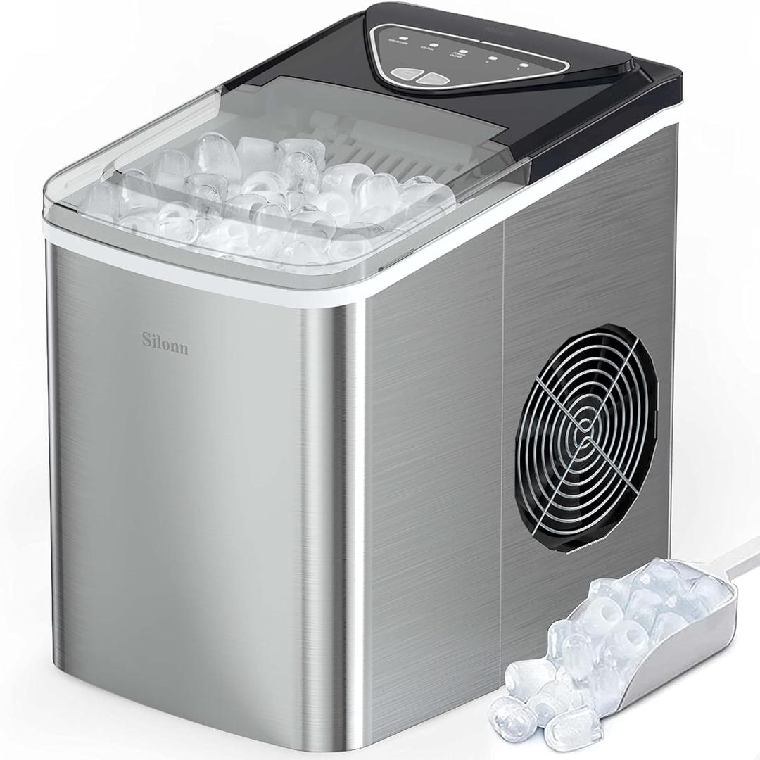 Silonn Ice Makers Countertop, 9 Cubes Ready in 6 Mins, 26lbs in 24Hrs, Self-Cleaning Ice Machine with Ice Scoop and Basket, 2 Sizes of Bullet Ice for Home Kitchen Office Bar Party (Stainless Steel)
